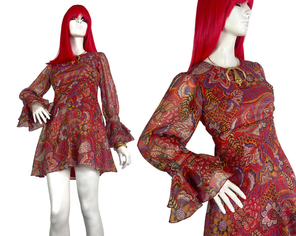 1960s vintage gold & red psychedelic lurex metallic mini dress / DISCO / ruffles / Mod