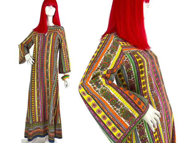 1960s vintage striped psychedelic cotton kaftan dress / Pop Art / Funky / 70s Hippie