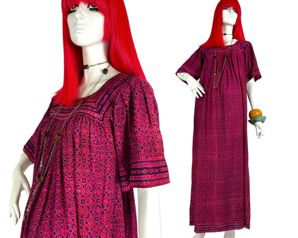 1960s vintage indian cotton Kaftan dress / Hippie / Festival / Woodstock / block print