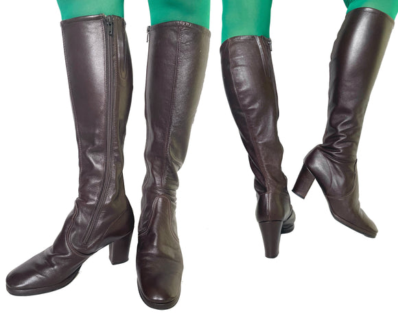 1960s 70s vintage brown LEATHER PLATFORM BOOTS / Made in England / Glam Rock