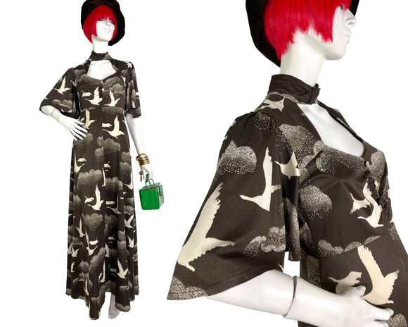 1970s vintage novelty print maxi dress / Disco / 60s / flutter sleeves / boho dress