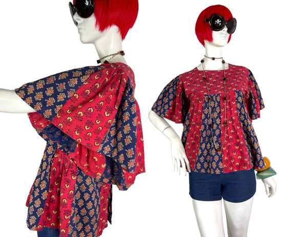 1960s vintage indian cotton tunic smock top / shirt / hippie / 70s / boho / block print
