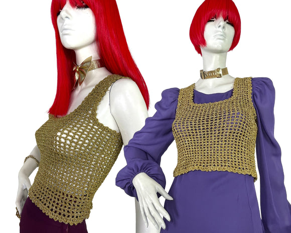 1960s vintage gold sparkle lurex crochet knit Go Go top / vest / glam rock / 70s Mod