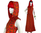 1970s vintage orange flower power psychedelic maxi dress / Hippie / Festival / Mod with hood