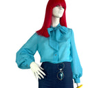 1960s vintage turquoise pussy bow vintage balloon sleeve blouse / shirt 70s