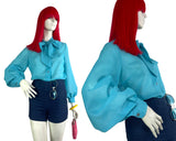 1960s vintage turquoise pussy bow vintage balloon sleeve blouse / shirt 70s