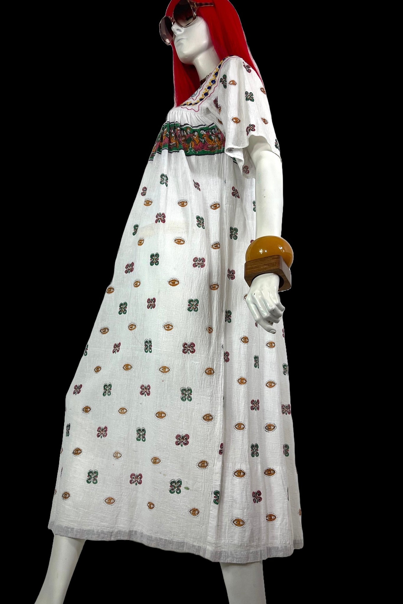 indian cotton hippie dresses 1970s Indian Cotton California Dream Sheer Hand Painted Boho Hippie Dress Canned Ham Vintage