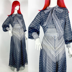 1970s Kati Laura Phillips polka dot & striped maxi gown / Pussy bow / Bishop sleeves