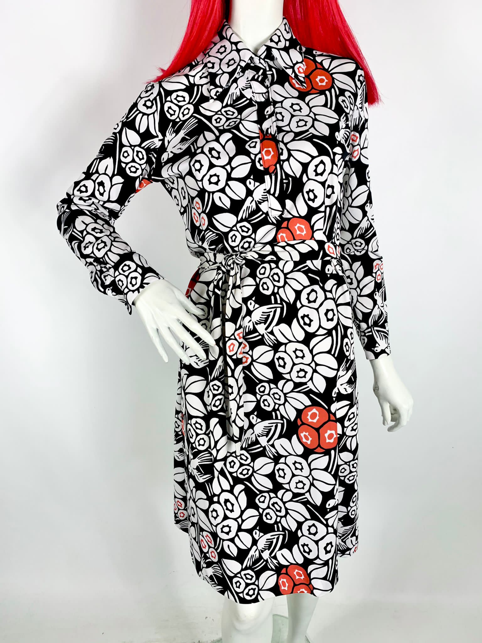 Lanvin Paris 1970s Vintage shirt midi mono print dress / Pop