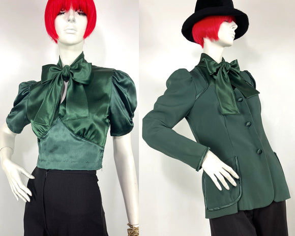 1970s vintage ivy green satin & crepe blouse & jacket set / 30s Deco / Biba / Bus Stop