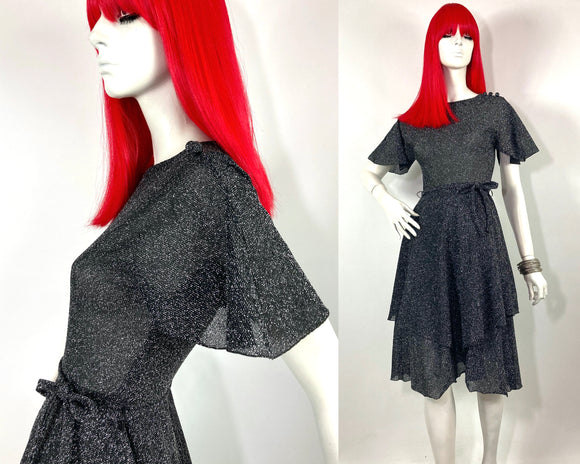 1970s vintage silver lurex deco flutter midi dress / glam rock / 30s / party