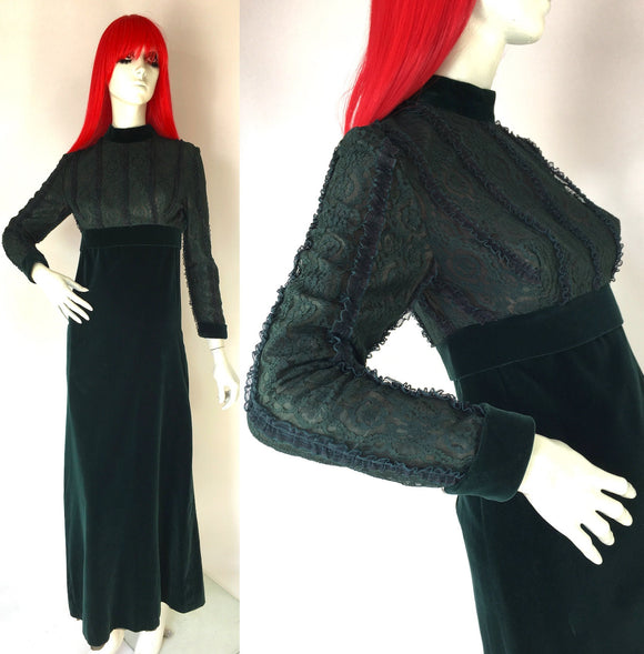 Vintage 1960s victoriana green velvet & lace maxi gown / hammer horror / goth
