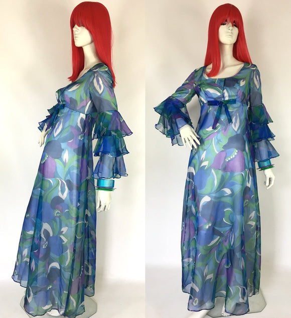 Vintage 1960s psychedelic Mod psych floral cocktail gown / ruffle sleeves / 70s