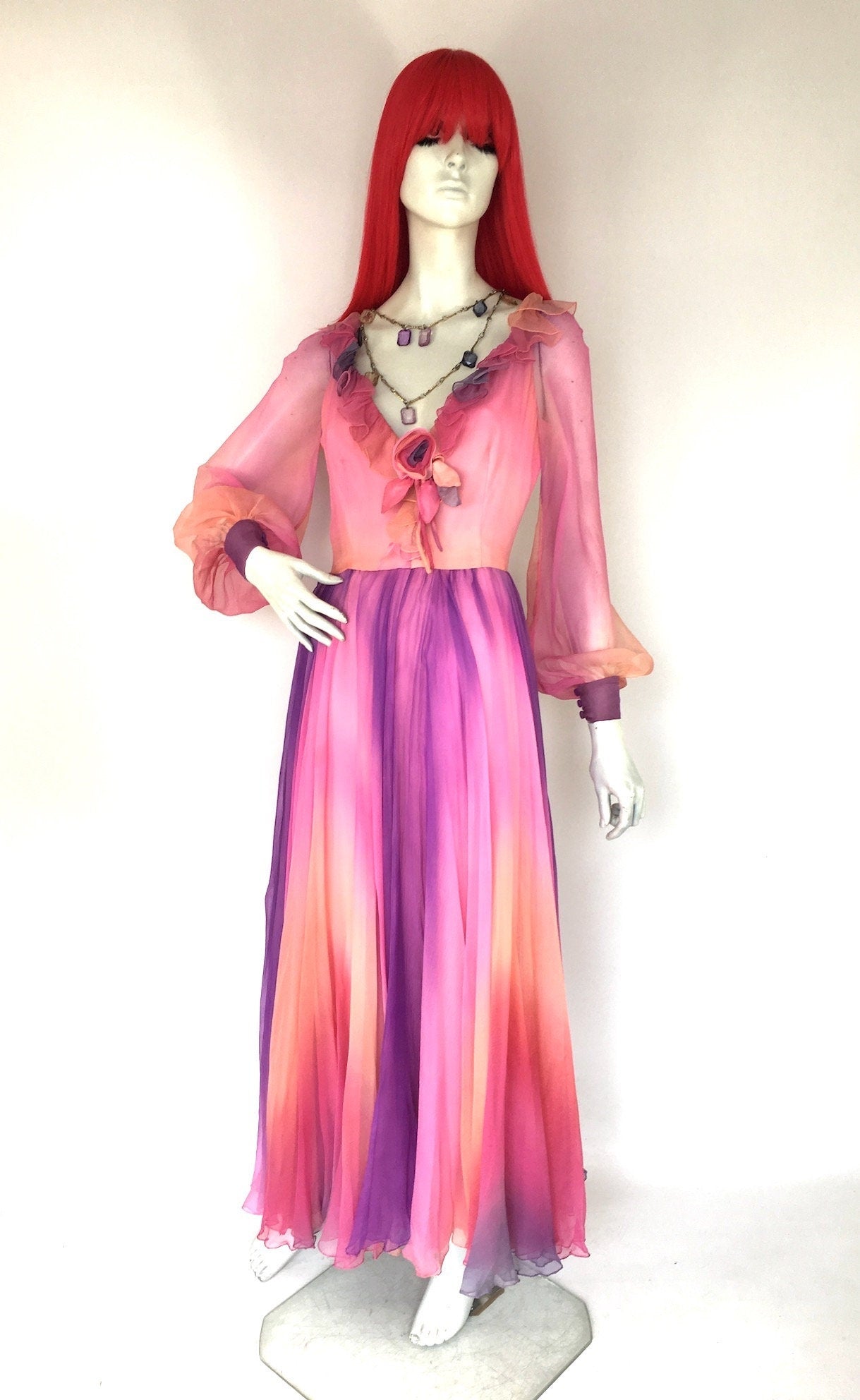 Neymar Couture 60s 1970s ombre silk chiffon gown // Balloon sleeve / t –  Top of the Shops Boutique