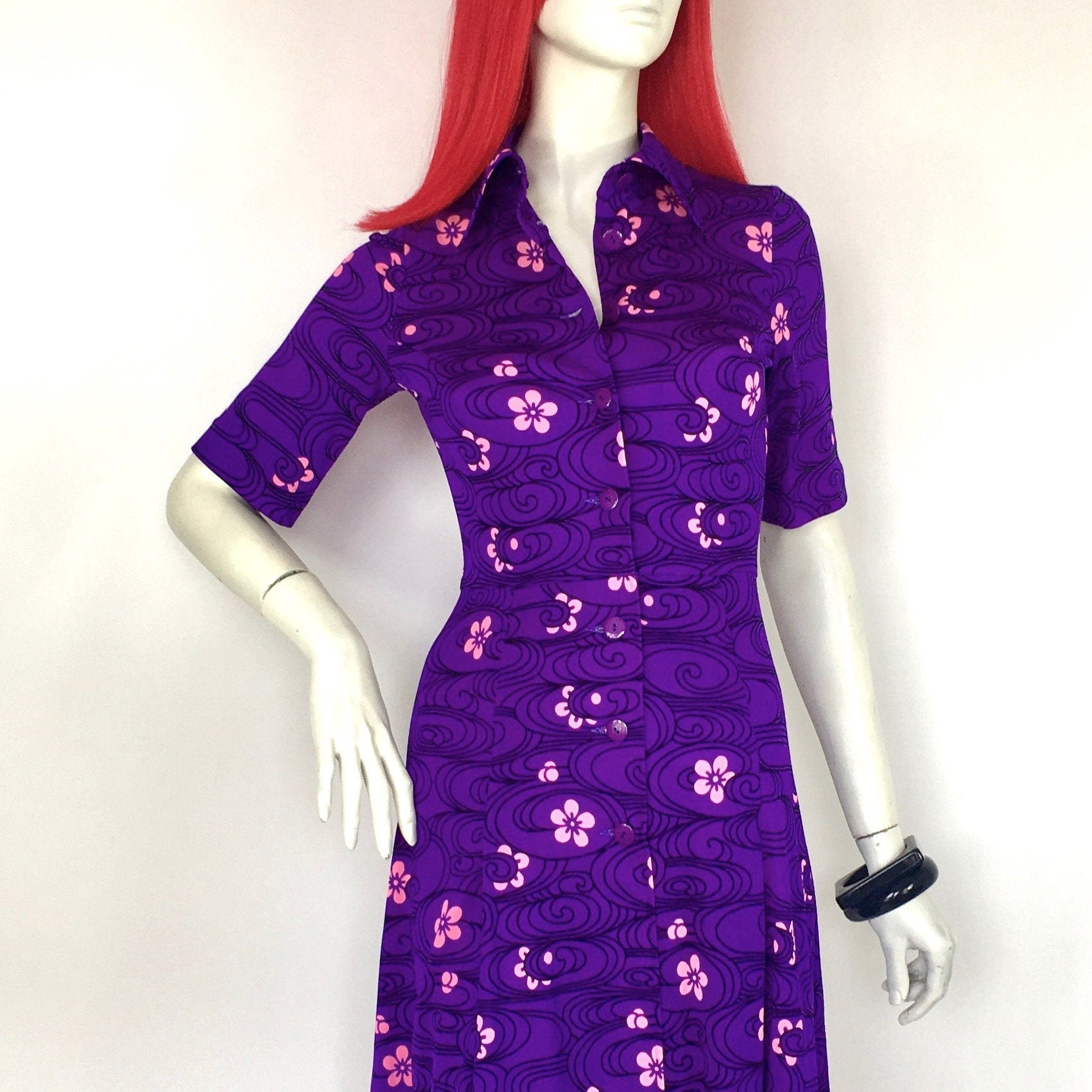 Vintage 1960s Hanae Mori jersey Pop art midi dress / 70s novelty / col   Top of the Shops Boutique