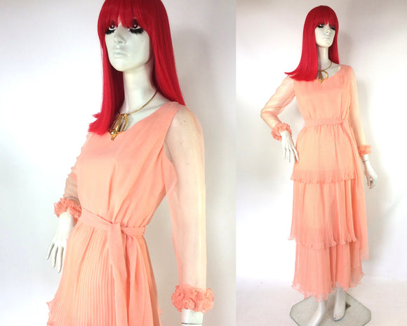 Vintage 1970s Deco layered ruffle maxi dress / 30s Hollywood / peach gown