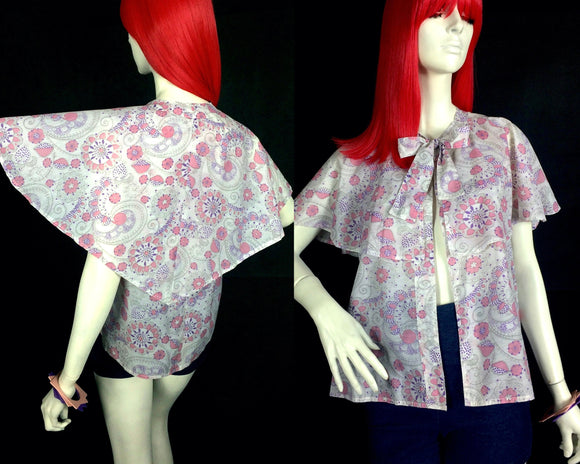 Vintage 1960s Swirly Psych capelet blouse / shirt  / 70s Hippie / Deco  / Paisley