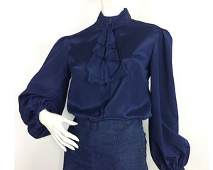 1960s vintage blue ruffle shirt / poet blouse / 70s Secretary / Mod / groovy / posh