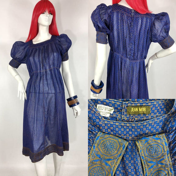 Jean Muir 1970s Indian cotton block print floaty dress / Puff Sleeve / Pockets