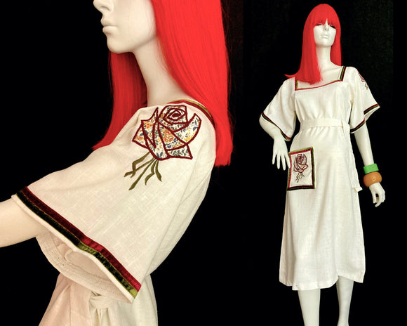 Henry Moss Vintage 1970s linen Boho dress / Embroidery / Cottage core / Prairie