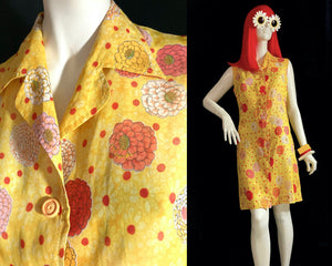 Reserved>>> 1960s vintage yellow flower Mod summer dress / shirt dress / Button through