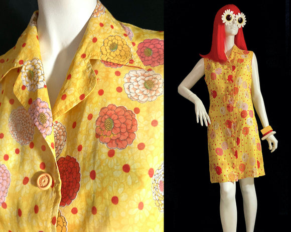 Reserved>>> 1960s vintage yellow flower Mod summer dress / shirt dress / Button through