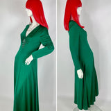 Vintage 1970s emerald green sweeping beaded gown / Deco / Hollywood Glam