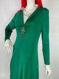 Vintage 1970s emerald green sweeping beaded gown / Deco / Hollywood Glam