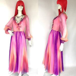 Neymar Couture 60s 1970s ombre silk chiffon gown // Balloon sleeve / tie dye