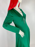 Vintage 1970s emerald green sweeping beaded gown / Deco / Hollywood Glam