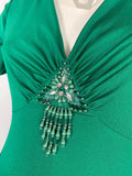 Vintage 1970s emerald green sweeping beaded gown / Deco / Hollywood Glam